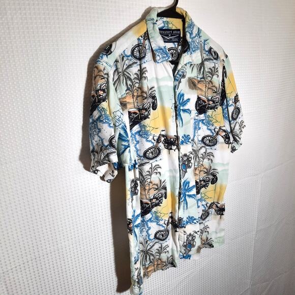 Newport Blue M Shirt Men's Hawaiian Motorcycle Palm Tree Cotton Rayon Aloha - Picture 2 of 7